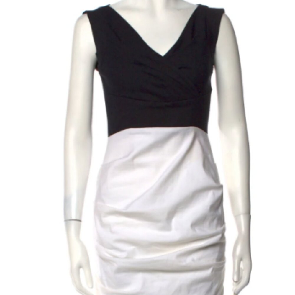 Nicole Miller Black and White V-Neck Knee-Length Dress